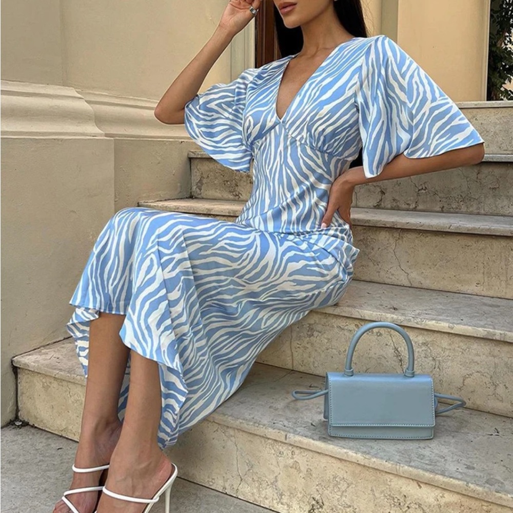 blue and white zebra print silky satin maxi dress